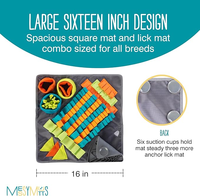 Messy Mutts Square 16" x 16" Forage and Lick Mat with Non-Slip Suction Cups | Stimulating Sniffing Interactive Puzzle for Dogs | Silicone Triangle Licking