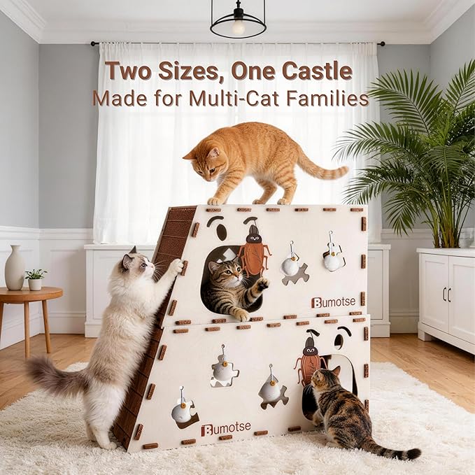 2-Story Felt Cat Bed Cave for Indoor Cats, Modular Tunnel Hideaway House for Large Cats Up to 22LB, Cozy Washable Felt Cat Condo for Sleeping, Playing & Hiding, Cream