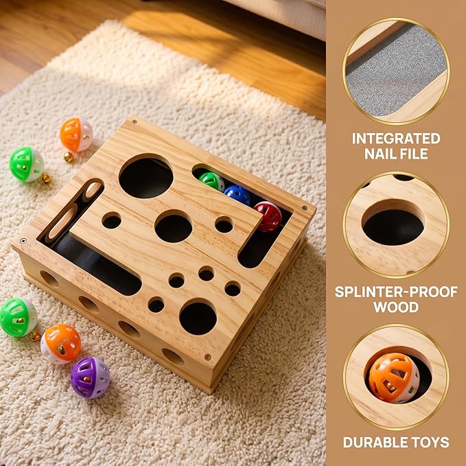 2026 New Cat Nail File Box, Cat Scratch Puzzle Enrichment Box with 1 Interactive Wand Toy & 3 Bell Balls, Cat Puzzle Feeder Scratch Puzzle Toy Gift for Indoor Cats, Trimming Nails