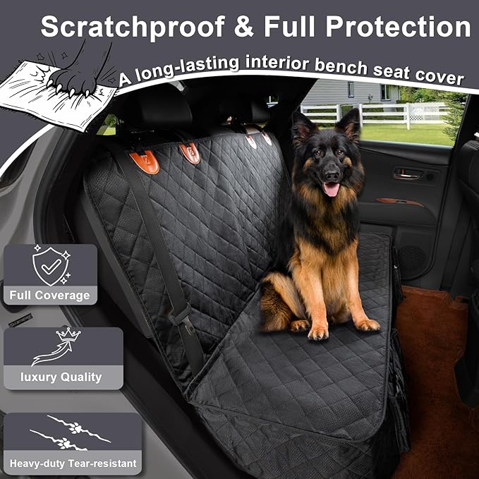 Dog Car Seat Cover for Back Seat, Waterproof and Non-Slip, Heavy-Duty Pet Seat Protector with Full Protection for Rear Bench on Cars SUVs Small Trucks (Black, Standard Back)