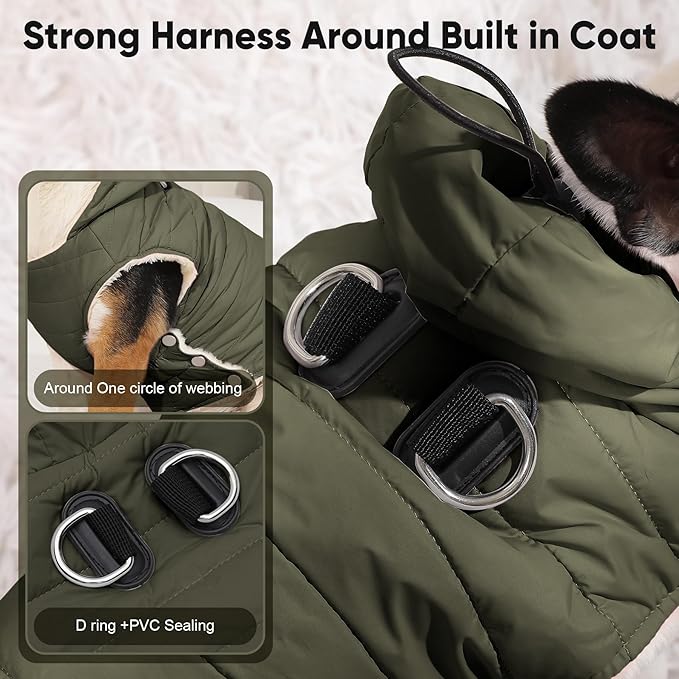 Vecomfy Fleece Lining Dog Hoodie with Harness Built in,Extra Warm Small Dog Jacket in Winter Puppy Coats with Drawstring Hooded,Green XS