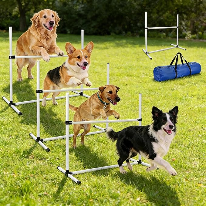 4 PCS Dog Agility Course Equipment, Adjustable Jump Bars Obstacle Training Supplies PVC Puppy Exercise and Coordination Training Kit with Carry Bag for Indoor Outdoor Use(White)
