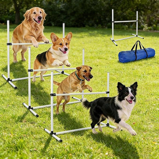 4 PCS Dog Agility Course Equipment, Adjustable Jump Bars Obstacle Training Supplies PVC Puppy Exercise and Coordination Training Kit with Carry Bag for Indoor Outdoor Use(White)