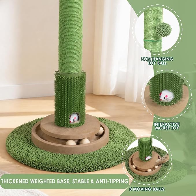 41.5" Cactus Cat Scratching Post, Heavy Duty Sisal Scratcher with Interactive Ball & Grooming Brush, Stable Anti-Tip Cat Tree for Indoor Cats & Large Cats