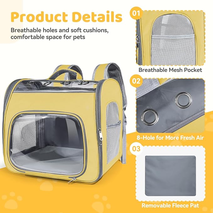 Cat Soft-Sided Carrier Backpack, Breathable Mesh Foldable Pet Travel Carrier with Reinforced Support, Portable Puppy Carrying for Kitty Up to 15lbs (Yellow)