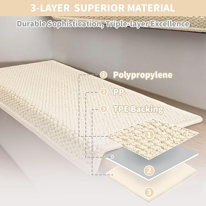 Brakki Bullnose Carpet Stair Treads, Stair Treads for Wooden Steps Indoor Runner and Pets, Non Slip Soft Edging Staircase Protectors, Washable, 29.5"x9.5"x1.5" 2pcs, Cream White