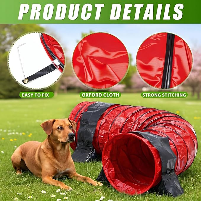 Briwooody 24 in 10 Foot PVC Dog Agility Tunnel with Sandbags Dogs Agility Training Equipment Tunnel with 2 Pack Sandbags, Carry Bag and 4 Ground Spikes for All Medium Large Dogs(Red)