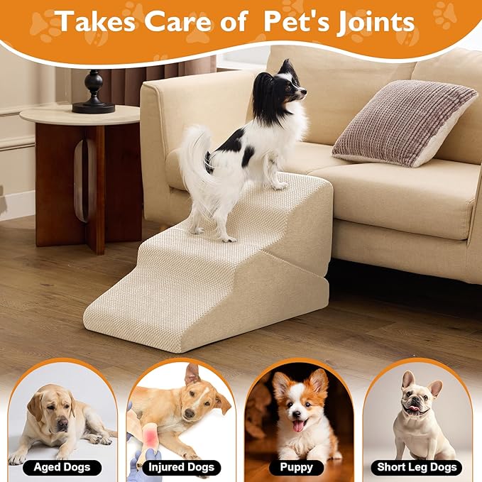 Dog Stairs for Small Dogs 16’’ H, 3-Step Dog Steps for Bed, Foldable Pet Stairs and Ramp for Dogs and Cats to Get on Beds, Couch, Non-Slip Balanced Pet Steps with Waterproof Cover, Beige