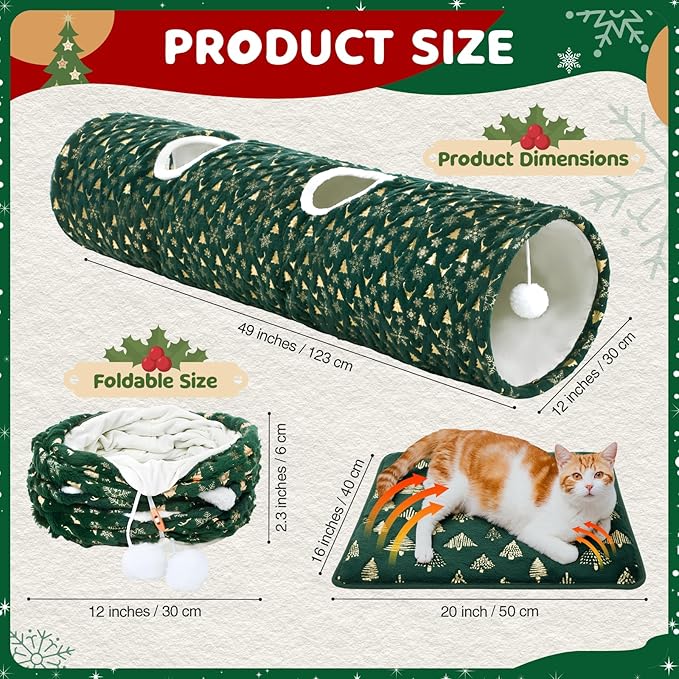 Thyle 2 Pcs Christmas Cat Tunnel for Indoor Cats & Self Warming Pet Bed, 49 ×12 Inch Green Straight Collapsible Pet Tube with Plush Inside Include Balls Peek Hole Xmas Tree Snowflakes Self Heating Mat