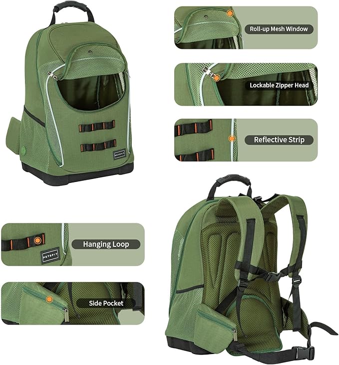 Petsfit Pet Dog Carrier Backpack with Upgraded Weight Reduction Design, Cat Dog Backpack with Large Ventilations, Easy-Fit for Traveling Hiking Camping for Small Medium Dogs and Cat, Green