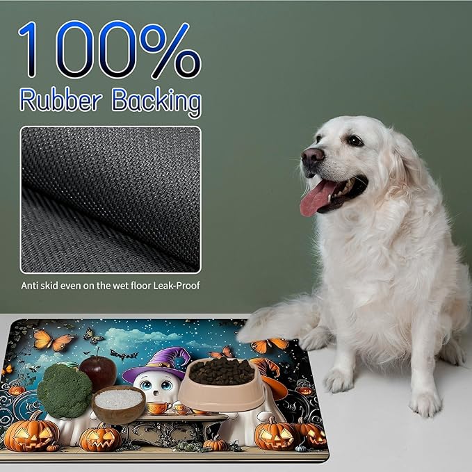 Dog Food Mat, 15.7" x 23.6" Absorbent Pet Feeding Mat for Food and Water, Waterproof Diatom Mud Pet Placemat with Non-Slip Rubber Backing, Cat Bowl Mat for Floors - Butterfly White Fairy