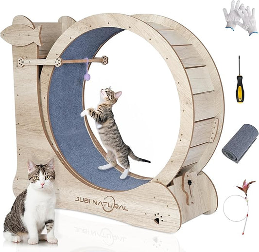 Cat Exercise Wheel, 33.9" Cat Running Wheel for Indoor Cat with Cat Scratching Board and Teaser Toy, Cat Treadmill Wheel with Locking Mechanism, Cat Exercise Wheel - Cat's Weight Loss and Health
