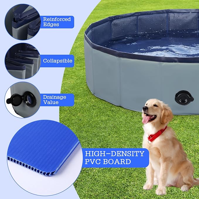 Eooqi Foldable Dog Pool, Portable Pet Bath Tub and Kiddie Swimming Pool, Collapsible Bathtub for Puppies, Small, Medium and Large Dogs, Cats and Kids, 63 x 12 in, Gray