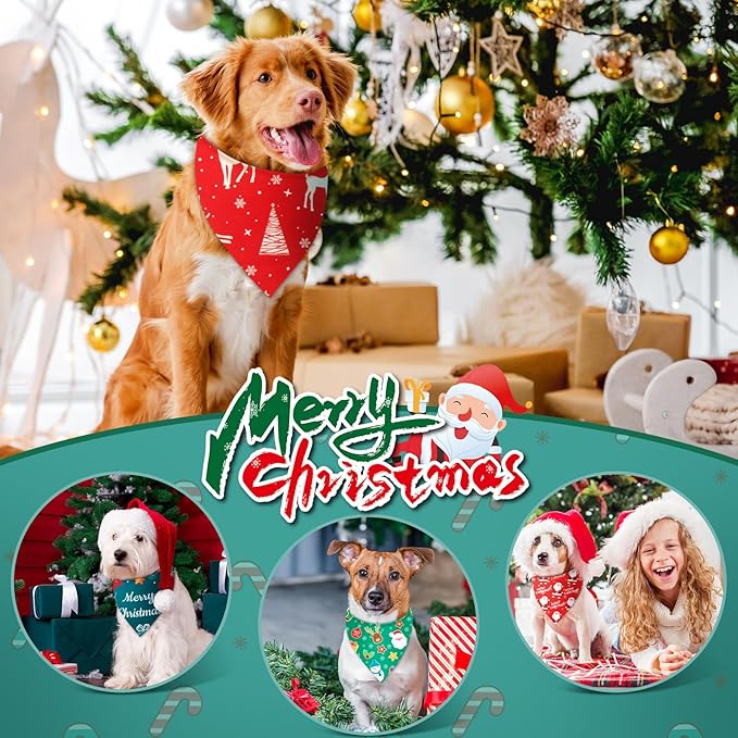 Chunful 120 Pcs Christmas Holiday Dog Bandanas Bulk for with Snowman Santa Claus, Reindeer, Stockings Adjustable Triangle Pet Scarf for Small Medium Large (25.6x17.7x17.7 in)