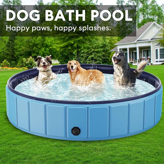 Foldable Dog Pool for Large Dogs, 91” Collapsible Hard-Side Dog Swimming Pool, Leakproof PVC Portable Pet Bath Tub & Kiddie Pool, Non-Slip Bottom, Indoor & Outdoor, Blue