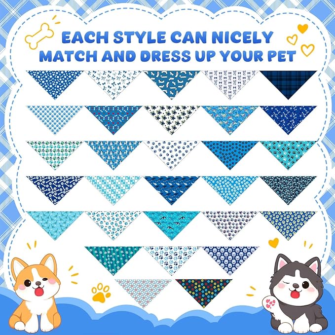Sanwuta 120 Pcs Boy Dogs Bandanas Bulk Blue Summer Triangle Dog Bandana Washable Pet Scarves Adjustable Bibs Puppy Scarf Washable Triangle Pet Scarfs for Small and Medium Pets, 30 Styles