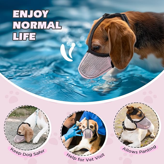 Dog Muzzle,Mesh Soft Muzzle for Small Medium Large Sized Dogs, Breathable Reflective Adjustable Puppy Muzzles with Collar for Scavenging Grooming Biting Chewing,Allows Panting and Drinking(Pink XL)