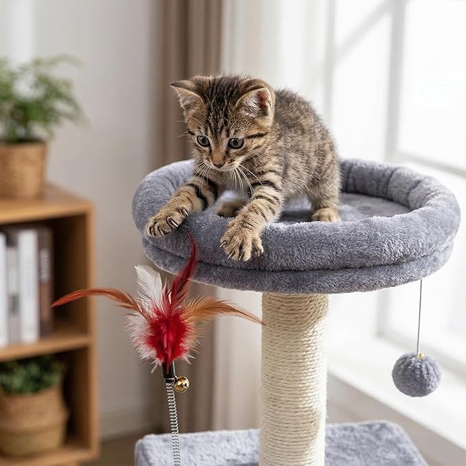 Cat Tree Tower for Indoor Cats, Cat Tree with 3 Spacious Cat Houses & Condos, Full Sisal Scratching Posts and Cat Scratcher Toys，Grey