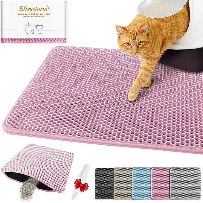Waterproof Cat Litter Mat, Double Layer EVA, Odor-Free Large Grid, Urine Proof, Easy Cleanup (Pink, 18 x 24)