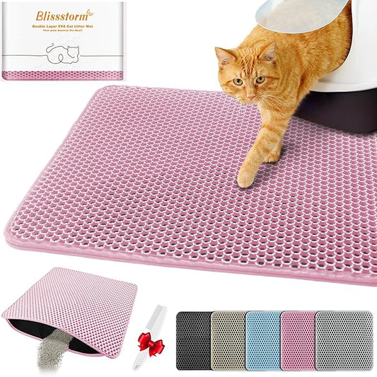 Waterproof Cat Litter Mat, Double Layer EVA, Odor-Free Large Grid, Urine Proof, Easy Cleanup (Pink, 18 x 24)