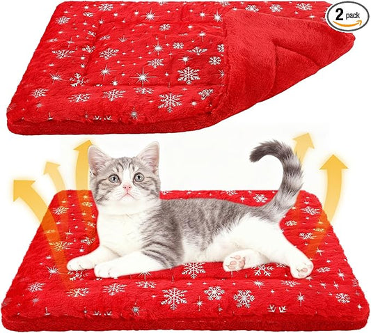 2 Pack Winter Self Warming Cat Mat Snowflake Red Self Heating Pad Bed 22" x 18" Reversible Reflects Body Heat Machine Washable Thermal Pet Blanket for Winter Indoor Pet Kitten Dog Crate