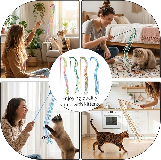 4 PCS Cat Stick Toy, String Cat Toy Multicolor Cats Interactive Wands Toys with Bells for Indoor Outdoor Cats Kitten Playing Have Fun Exercise