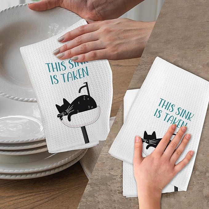 Funny Black Cat Hand Towels for Bathroom, This Sink is Taken Decorative Hand Towels, Black Cat Themed Dish Tea Towel for Kitchen Bathroom Decor, Cats Lover Gifts for Women Men, 16x24 Inch