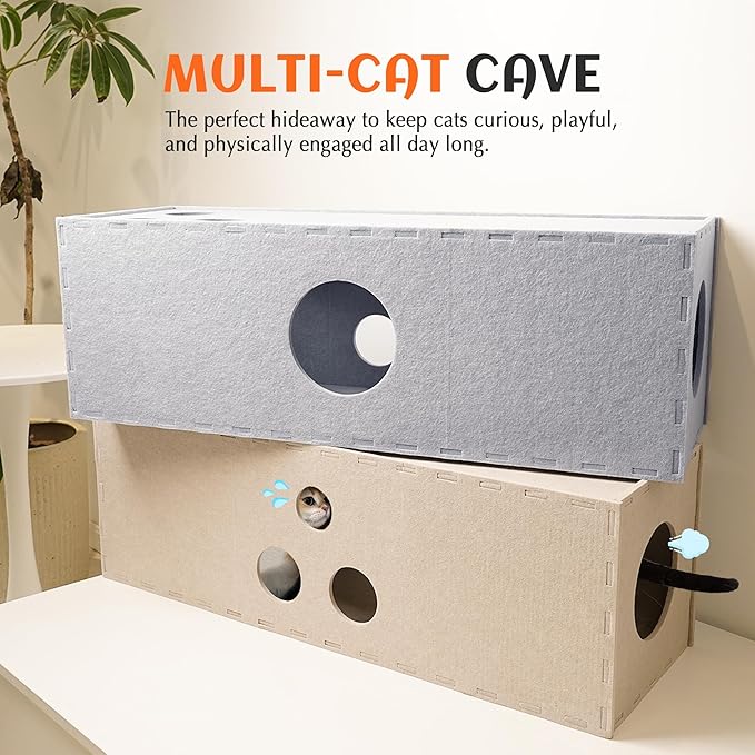 PETKARAY Cat Tunnel, Original Cat Hideaway Cave for Indoor Cats, Large Kitten Play Tubes and Tunnels, Soft Felt Cat Toy with Interactive Peek Hole, Beige Straight