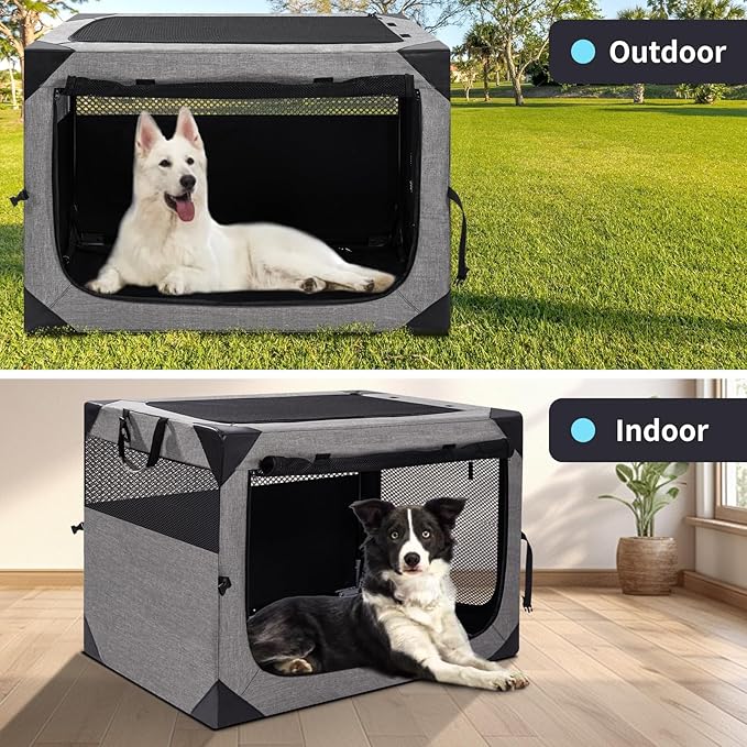 36 Inch Portable Travel Dog Crate, 3 Door Collapsible Soft Pet Kennel with Durable Mesh Windows for Medium Dogs, Foldable Dog Cage with Storage Pocket for Outdoor (Light Grey)