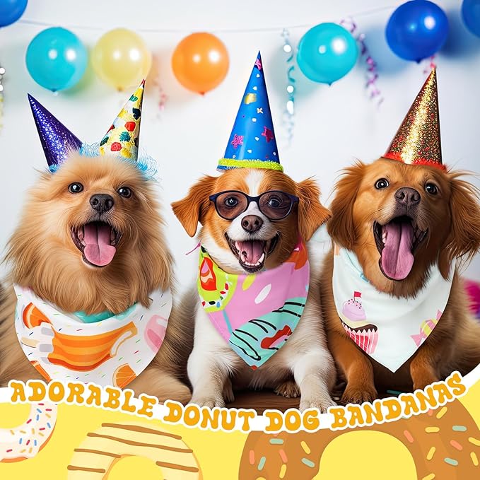 Huhumy 100 Pcs Donut Dog Bandanas Bulk Pet Bibs Colorful Triangle Scarf XL Donut Pet Bandanas for Medium Large Dogs Spring Summer Candyland Birthday Costume Decor