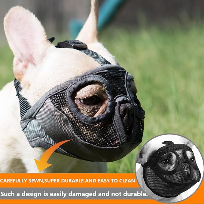 Short Snout Dog Muzzles- Adjustable Breathable Mesh Bulldog Muzzle for Biting Chewing Barking Training