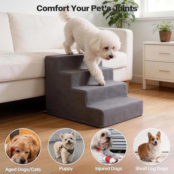 Pawise 4 Step Dog Stairs for Small Dogs Cats, Blue Suede Pet Steps, Non-Slip Pet Stairs for High Bed Couch, Indoor Portable Dog Ramp with Zipper Bottom for Medium Large Dogs and Puppy
