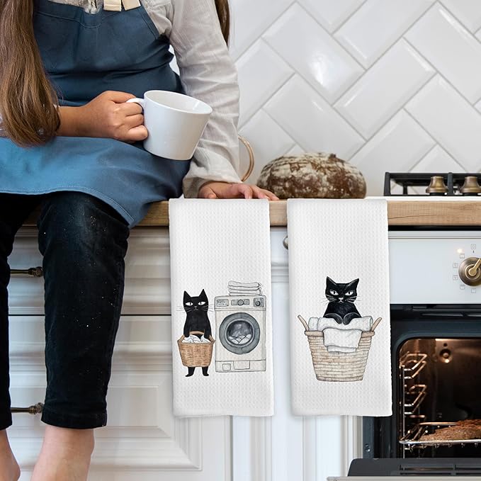 Black Cat Laundry Hand Towels, Cat Lovers Mom Gifts Hand Towel for Bathroom Decor, Funny Laundry Kitty Kitten Decorative Towels for Bathroom Washroom Room 16x24 Inch Set of 2