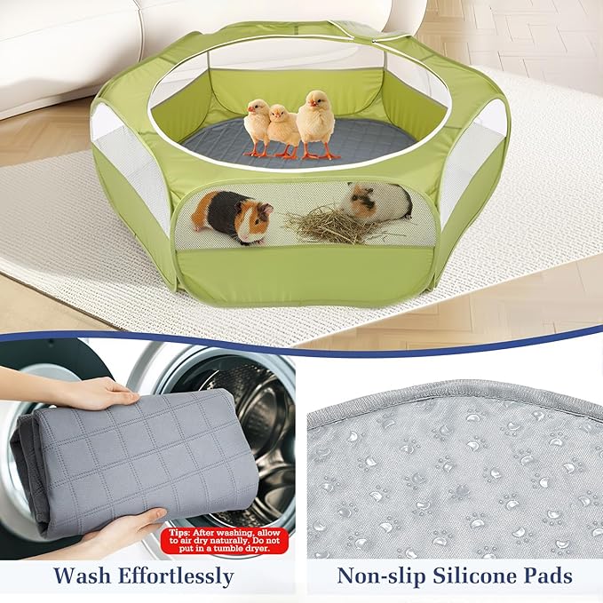 2-in-1 Small Animals Playpen with Pad, Waterproof Small Pet Cage Tent with Reusable Pad, Portable Outdoor Yard Fence with 3 Metal Rod for Chick/Kitten/Puppy/Guinea Pig/Rabbits/Chinchillas, Green+Gray