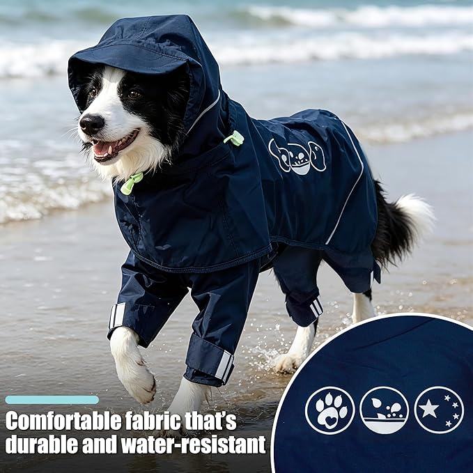Dog Raincoat, Full-Body Hooded All-Weather Jacket, Waterproof and Windproof with Reflective Strips, Suitable for Large Dogs, XL