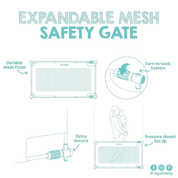 Regalo Safety 27.5-50” Extra Wide Mesh Baby Gate for Doorways & Hallways, Expandable Pressure Mounted Baby Gate for Toddlers & Pets, Includes Rubber Bumpers, Gray