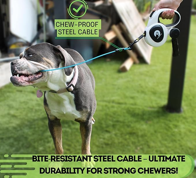 Snuggle Paws Retractable Dog Leash 16ft – Heavy Duty All-in-One Dog Leash with LED Flashlight, Poop Bag Holder, Chew Proof Steel Cable & Reflective Tape – Size L