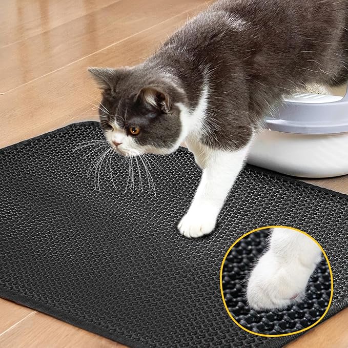 Cat Litter Mat Litter Box Mat, EVA Honeycomb Double Layer Design, Urine & Waterproof, Scatter Control Kitty Litter Mat, Less Waste, Easier To Clean,Washable, Black