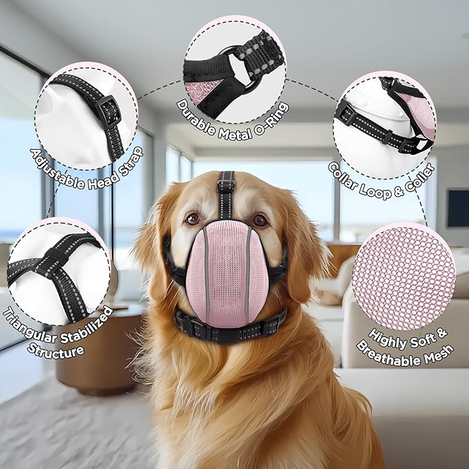 Dog Muzzle - Soft Breathable Mesh Nylon Adjustable Muzzle for Small Medium Large Dogs | Prevents Chewing,Biting & Scavenging | Allows Panting, Drinking & Grooming | Secure Collar Strap Design(Pink M)