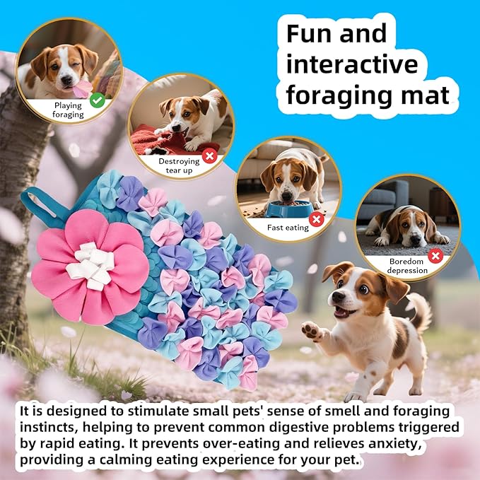 Snuffle Mat for Dogs, Snuffle Mat for Cats Rabbit Foraging Mat Interactive Feed Game Puzzle Toy for Rabbit Bunny Guinea Pigs Chinchillas Ferrets Feeding Mat Bedding Cage Accessories Purple-Pink