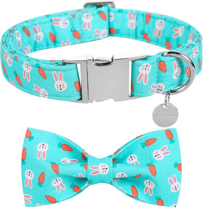 Easter Dog Collar with Bow Tie, Cotton Easter Bowtie Collar for X-Large Girl Boy Dog, Cute Carrot Pet Collar with Metal Buckle, Easter Gift Rabbit Dog Collar, XL