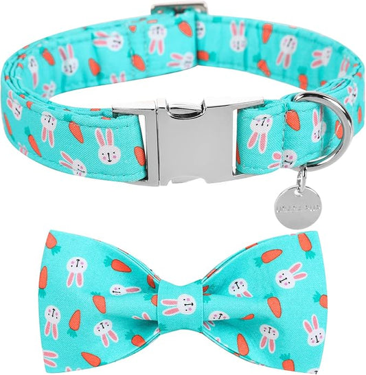 Easter Dog Collar with Bow Tie, Cotton Easter Bowtie Collar for X-Large Girl Boy Dog, Cute Carrot Pet Collar with Metal Buckle, Easter Gift Rabbit Dog Collar, XL