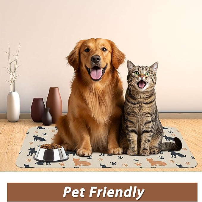 Cute Cat Paw Prints Dog Food Mat for Floors,Vintage Boho Absorbent Pet Food and Water Bowl Mats,Non-Slip Pet Feeding Mat,Pet Supplies 12" x 20"