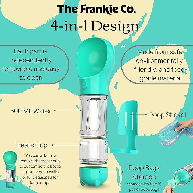 4 in 1 Dog Water Bottle Portable, Leakproof Travel Pet Water Bottle with Bowl, Poop Bag Holder & Shovel, Hydration on the go for Dogs, Dog Travel Accessories for Walking, Hiking, Outdoor, 10oz