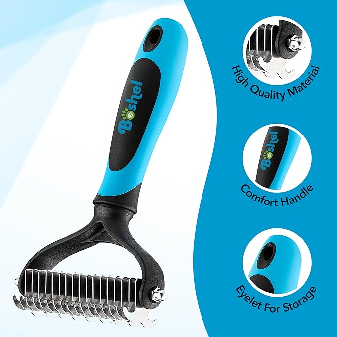BOSHEL Dematting Comb for Dogs, Undercoat Rake, Cat Deshedding Tool, Dematting Brush for Pets