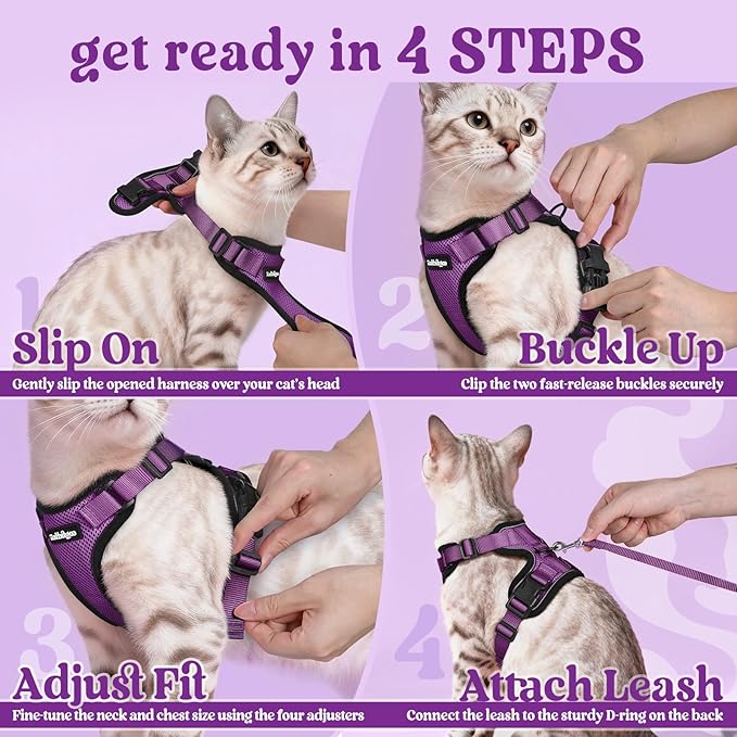 rabbitgoo Cat Harness and Leash Set, Escape Proof Vest Harness for Safe Outdoor Walks, Soft Breathable Adjustable Vest with Reflective Strips for Average to Large Cats, Purple, M