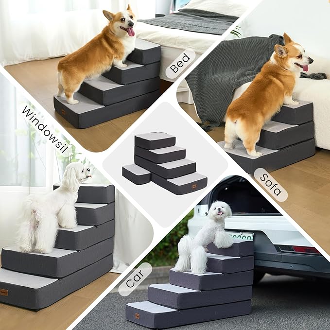 Garnpet 4-Step Adjustable Dog Stairs for Beds, Dog Steps for Small Dogs and Cats, Foldable Pet Stairs for Bed Climbing, Non-Slip Pet Step Indoor, Grey