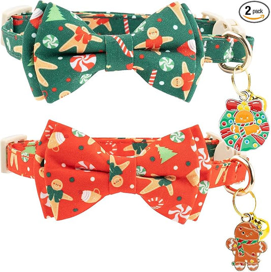Faygarsle 2 Pack Christmas Cat Collar Set, Red and Green Gingerbread Pattern, with Bells and Bows, Breakaway Safety Feature