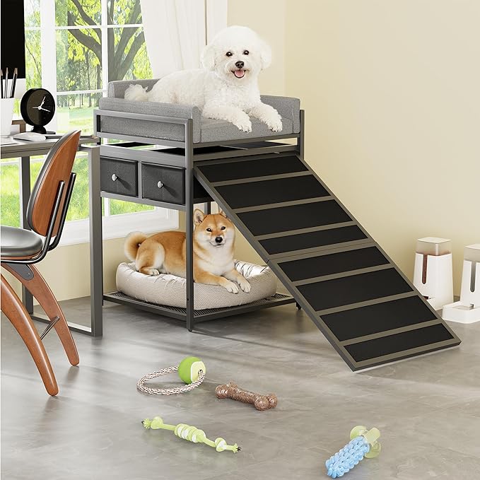 kepptory Dog Window Perch with Stairs and Storage, Bunk Dog Bed with Folding Pet Ramp for Dogs Cats, Pet Sofa Chair with Pet Stairs Ramp for Office