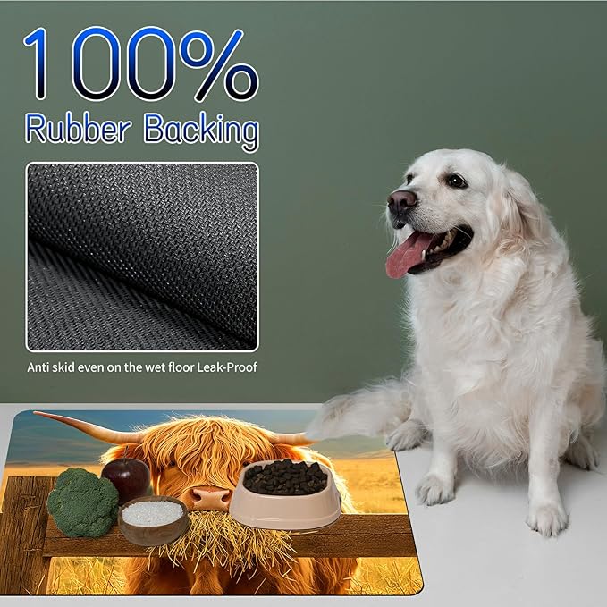 Dog Food Mat, 15.7" x 23.6" Absorbent Pet Feeding Mat for Food and Water, Waterproof Diatom Mud Pet Placemat with Non-Slip Rubber Backing, Easy Clean Cat Bowl Mat for Floors - Yellow Lawn Cow